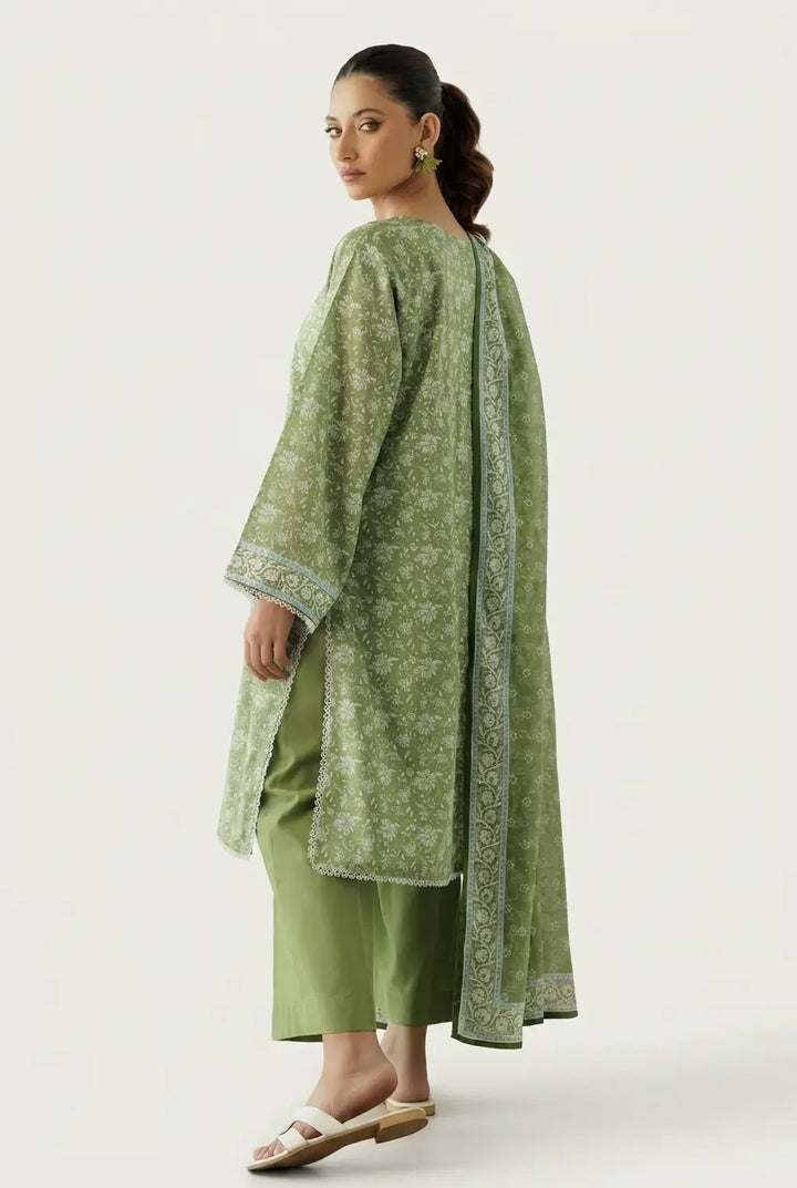 Olive Green Printed Pakistani Lawn Suit