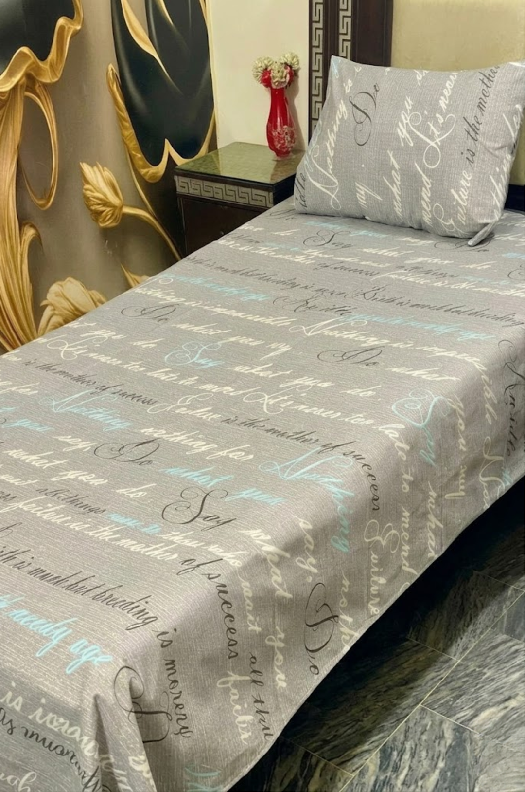 Script Quotes Grey Single Cotton Bed Sheet