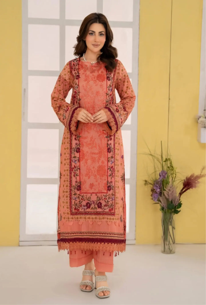 Peach Nectar 3-Piece Unstitched Embroidered Lawn Suit