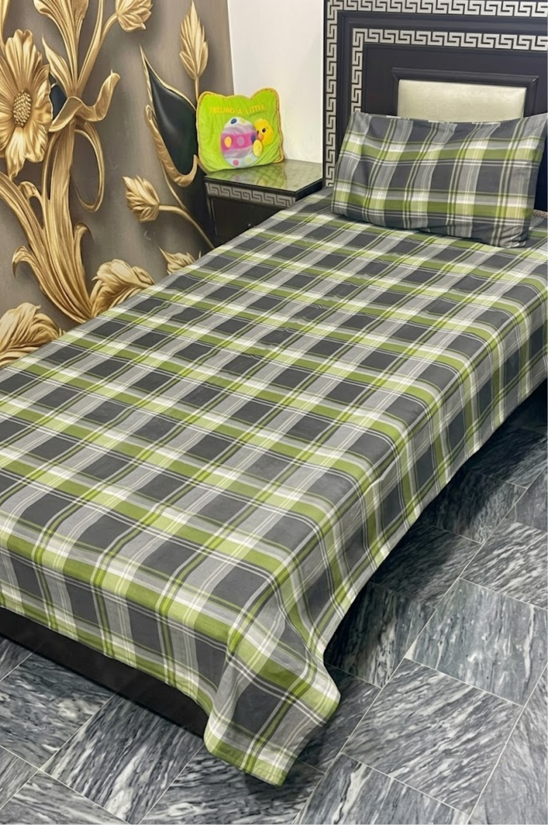 Olive Plaid Single Cotton Bed Sheet