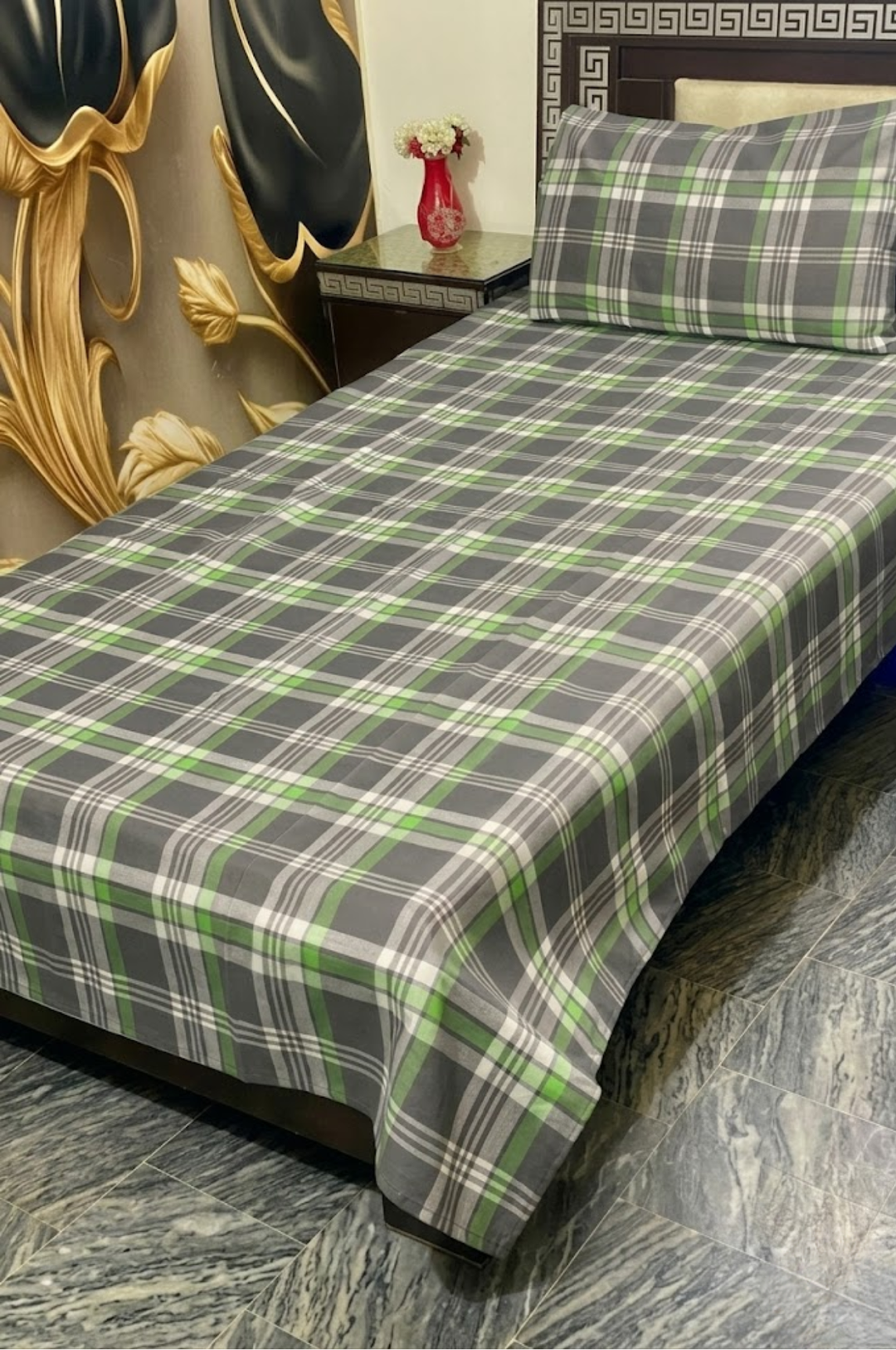 Olive Plaid Single Cotton Bed Sheet
