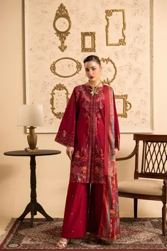 Deep Red Embroidered 3-Piece  Suite