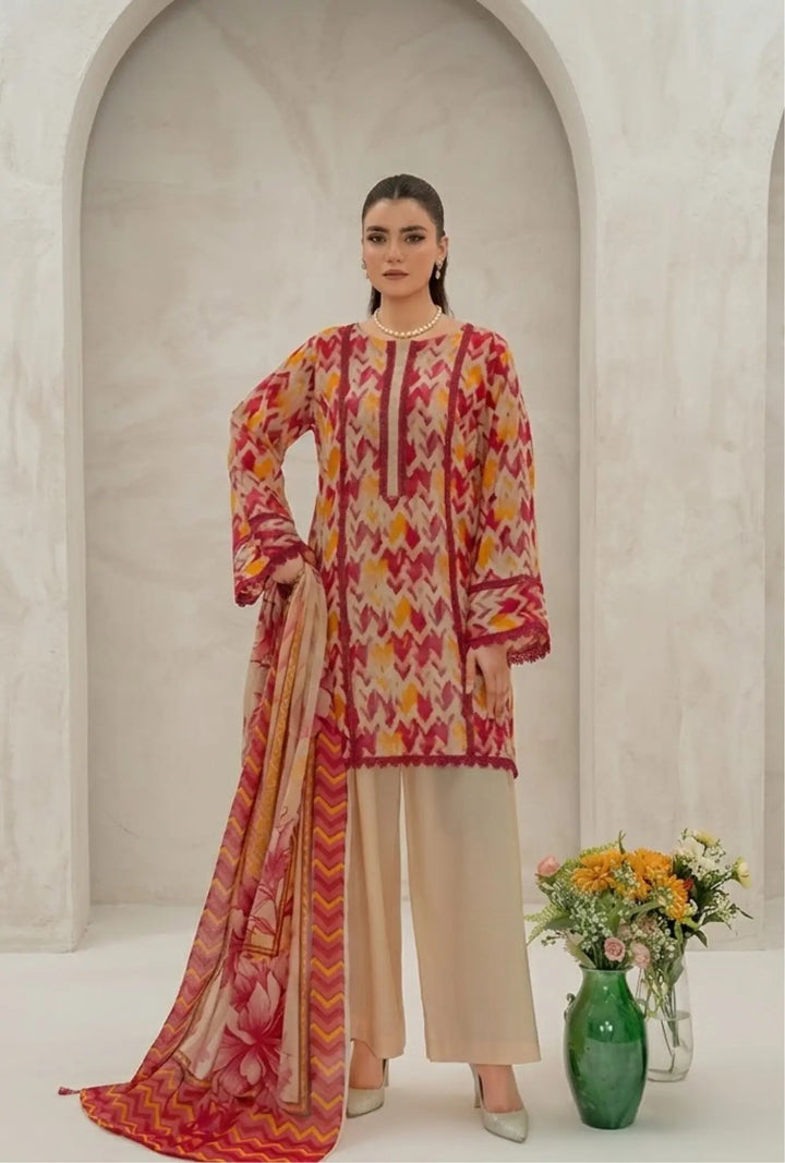 Crimson Ikat Fusion – Premium Unstitched 3-Piece Lawn Suite