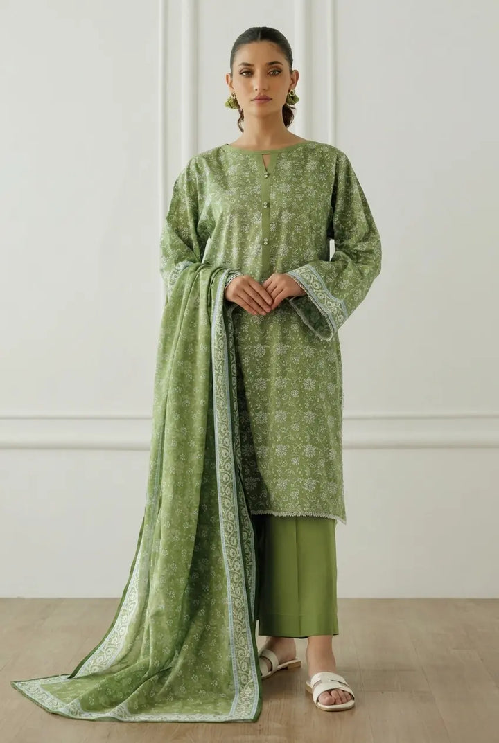 Olive Green Printed Pakistani Lawn Suit