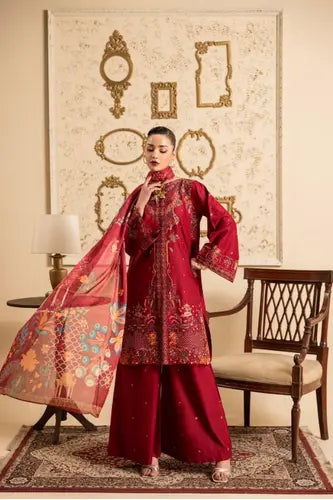 Deep Red Embroidered 3-Piece  Suite