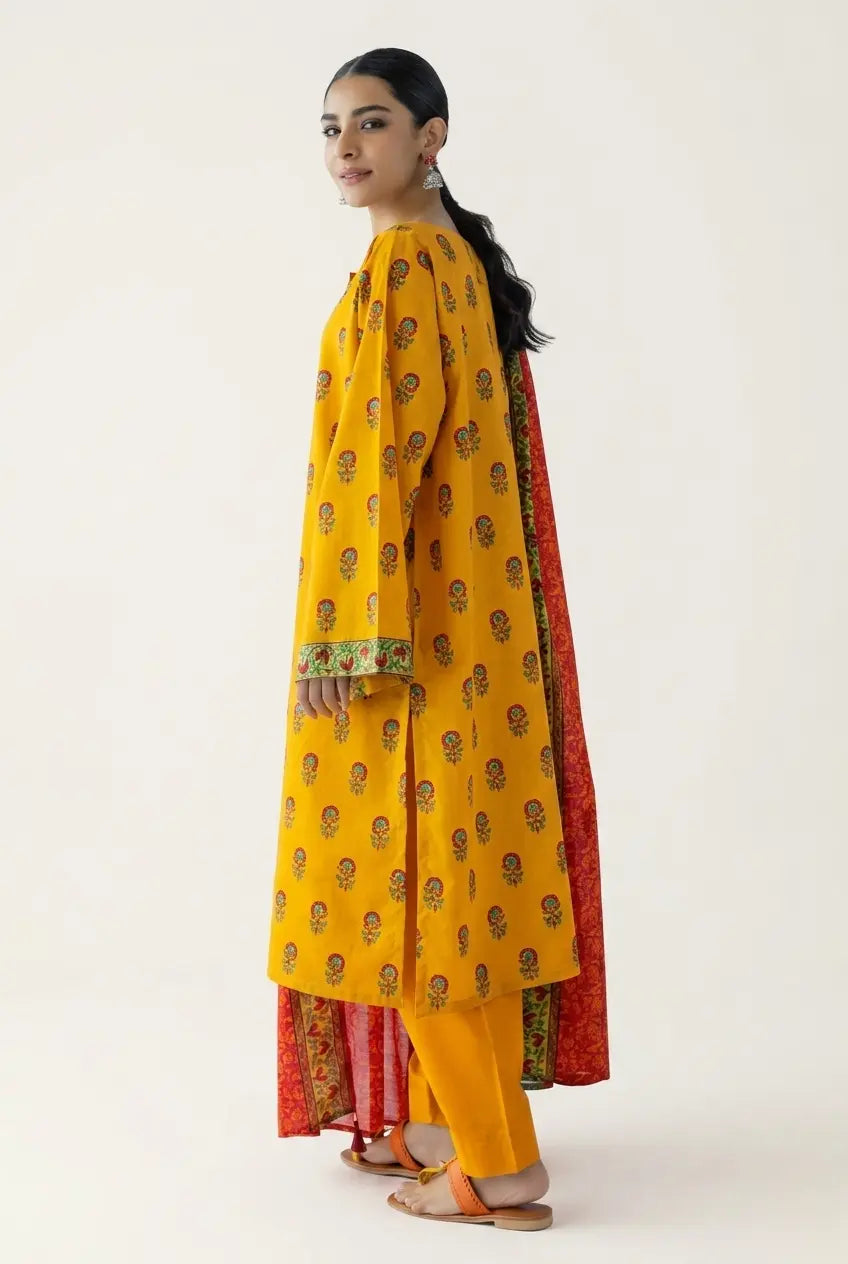 Vibrant Mustard Yellow Printed 3-Piece Lawn Suit
