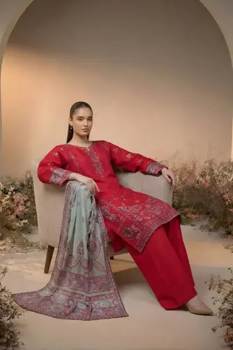 Cherry Red Embroidered 3-Piece Suite