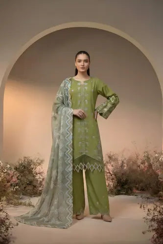 Olive Radiance Embroidered 3-Piece Lawn Suit