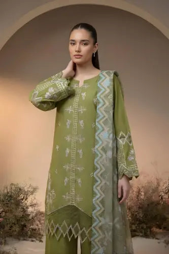 Olive Radiance Embroidered 3-Piece Lawn Suit