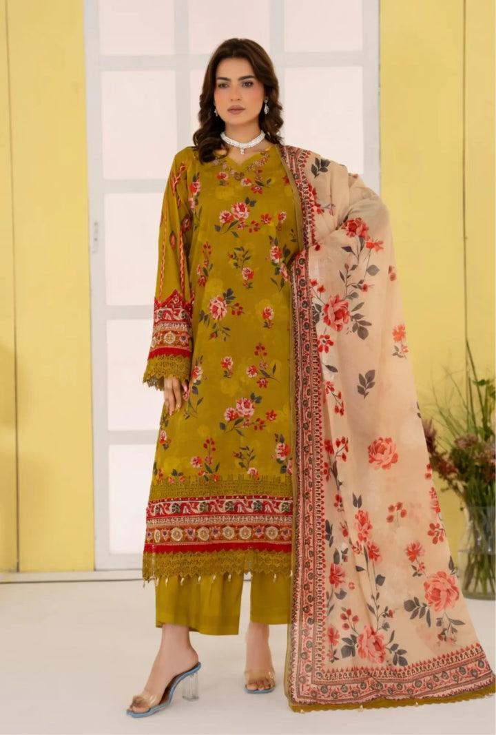 Olive Meadow 3-Piece Unstitched Embroidered Lawn Suit