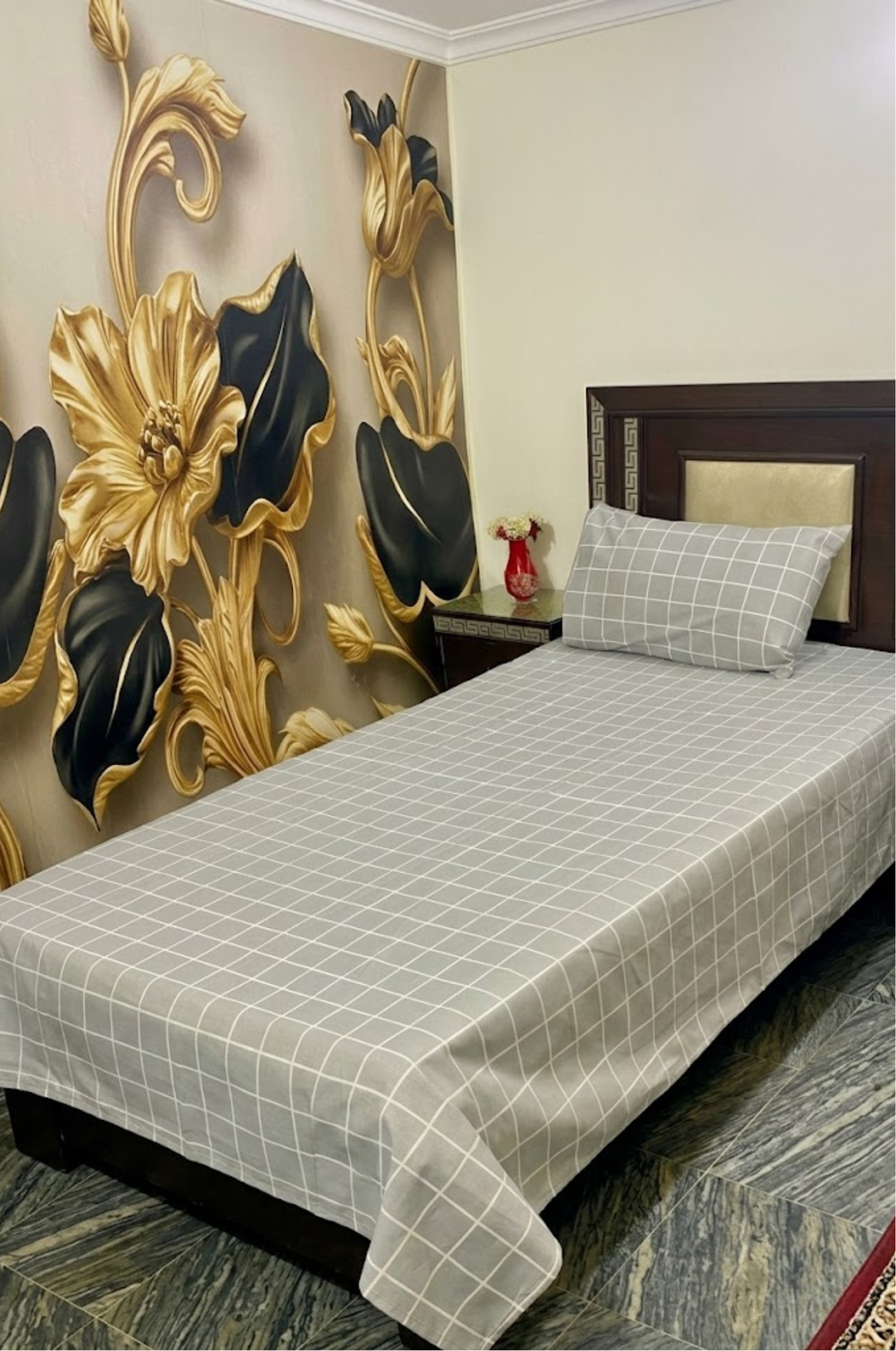 Grey Grid Single Cotton Bed Sheet