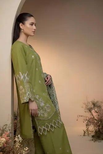 Olive Radiance Embroidered 3-Piece Lawn Suit