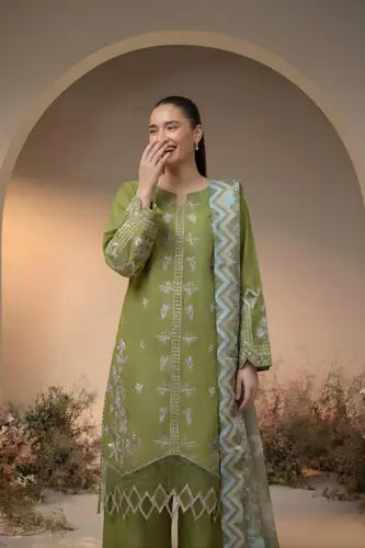 Olive Radiance Embroidered 3-Piece Lawn Suit