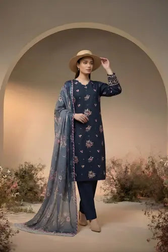 Midnight Bloom Embroidered 3-Piece Lawn Suit