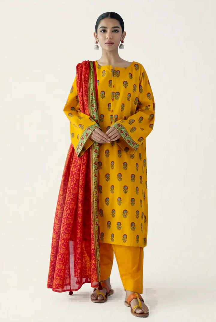 Vibrant Mustard Yellow Printed 3-Piece Lawn Suit
