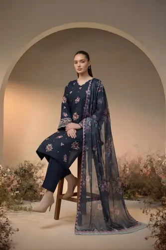 Midnight Bloom Embroidered 3-Piece Lawn Suit