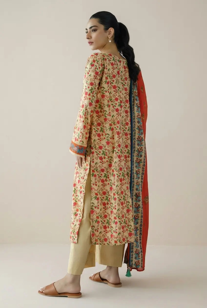 Floral Printed Pakistani Lawn Suit with Orange Dupatta