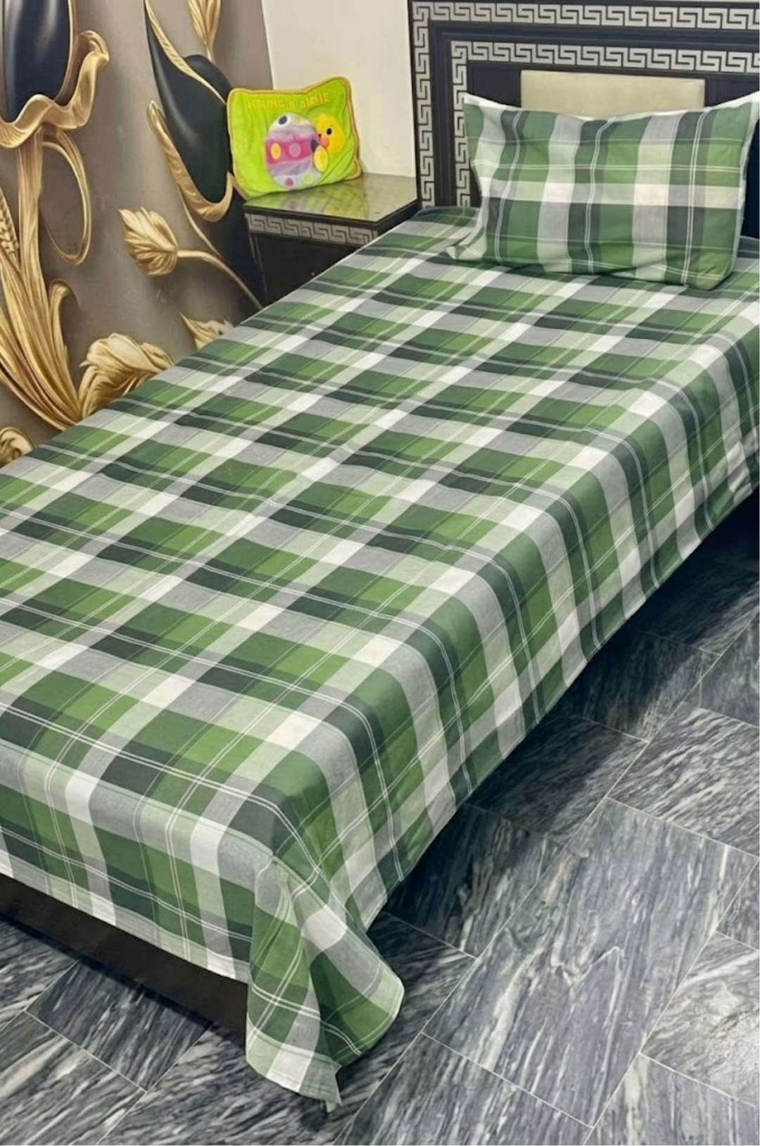 Green Checkered Single Cotton Bed Sheet