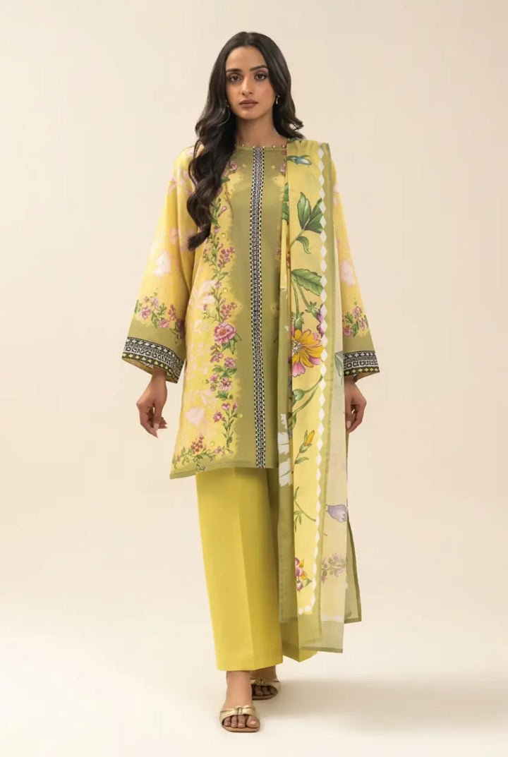 Floral Print 3-Piece Lawn Suit in Chartreuse Yellow