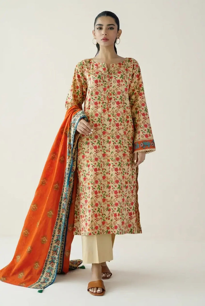 Floral Printed Pakistani Lawn Suit with Orange Dupatta